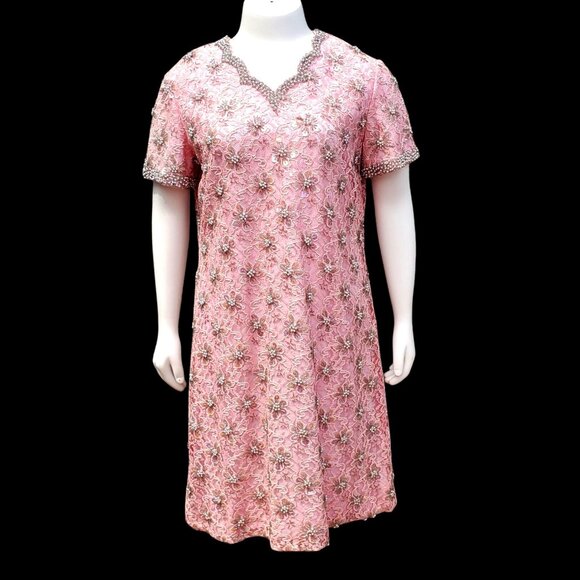 Handmade Dresses & Skirts - Vintage 1960s Plus Size 2X Short Formal Beaded Pink Lace Dress NWOT Hong Kong